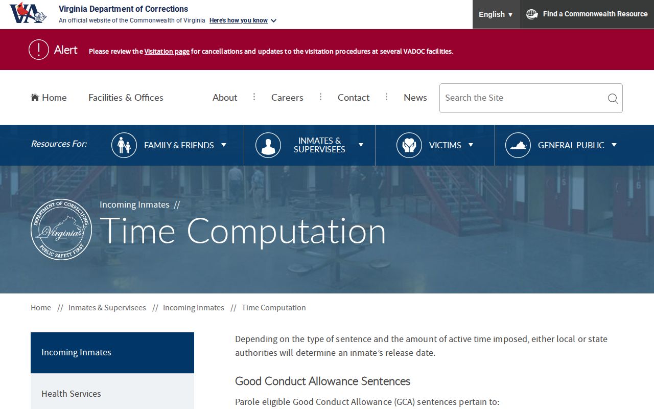 Rockingham County projected release date credit categories from VADOC